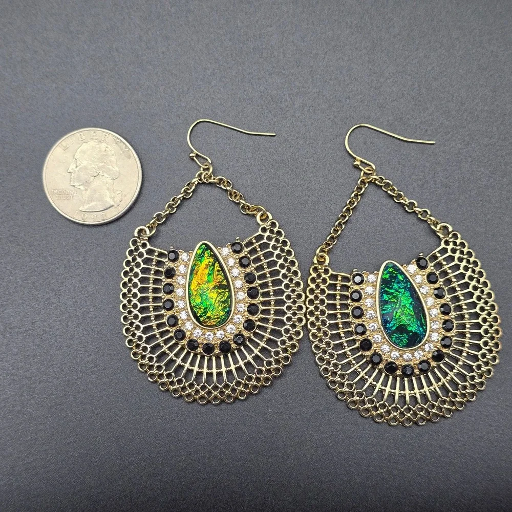 Blue Green Iridescent Earrings GOld Tone Statement Fan Shape